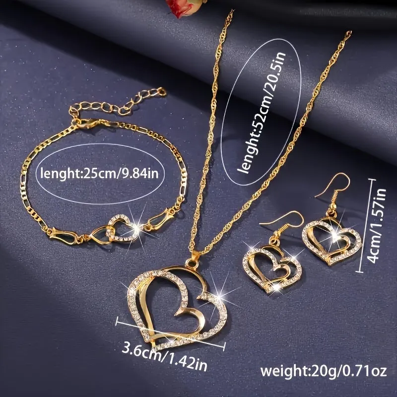 1 Pair of Chic Heart-Shaped Earrings   1 Necklace   1 Bracelet Jewelry Set - Sparkling Golden or Silvery Finish - Ideal Gift for Her, Perfect for Any Occasion, Durable and Long-Lasting, Easy to Wear and Match with Outfits