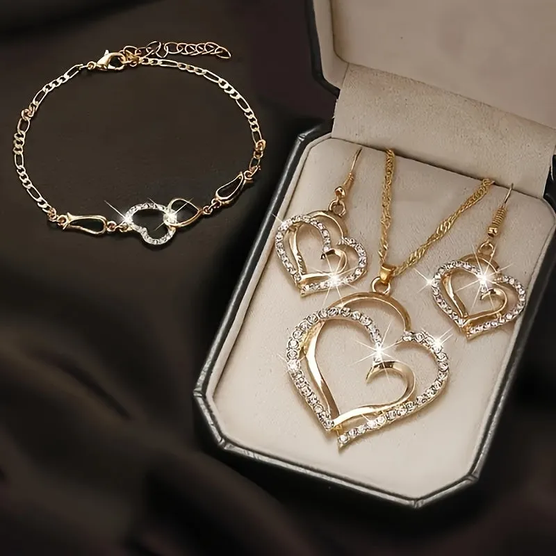 1 Pair of Chic Heart-Shaped Earrings   1 Necklace   1 Bracelet Jewelry Set - Sparkling Golden or Silvery Finish - Ideal Gift for Her, Perfect for Any Occasion, Durable and Long-Lasting, Easy to Wear and Match with Outfits