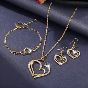 1 Pair of Chic Heart-Shaped Earrings   1 Necklace   1 Bracelet Jewelry Set - Sparkling Golden or Silvery Finish - Ideal Gift for Her, Perfect for Any Occasion, Durable and Long-Lasting, Easy to Wear and Match with Outfits