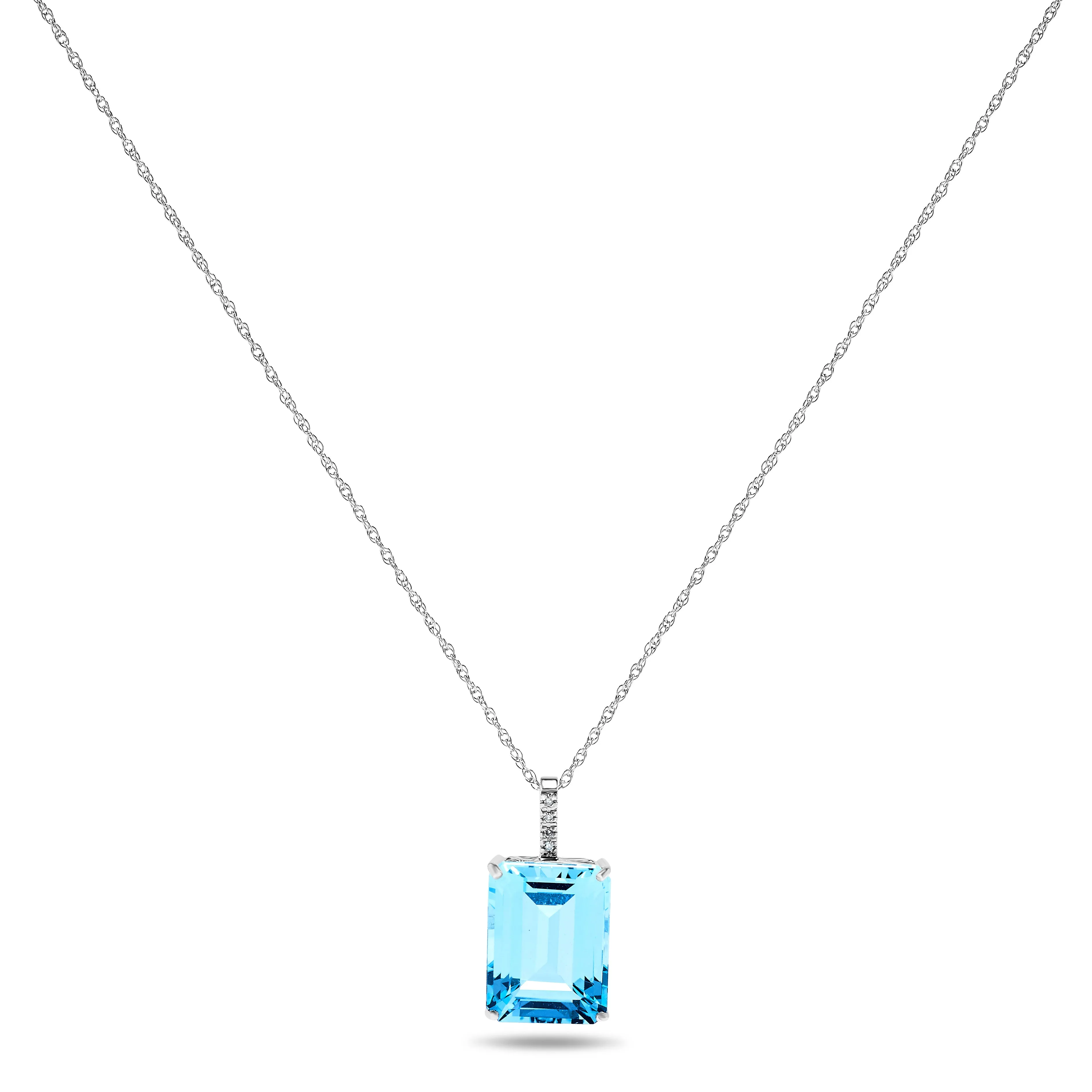 10k White Gold Large Blue Topaz and Diamond Gemstone Pendant necklace, Birthstone of December