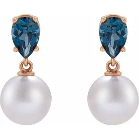 14K Rose Gold Akoya Pearl & Pear Shaped London Blue Topaz Earrings