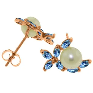 14K Solid Rose Gold Stud Earrings w/ Blue Topaz & Pearls