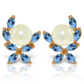 14K Solid Rose Gold Stud Earrings w/ Blue Topaz & Pearls