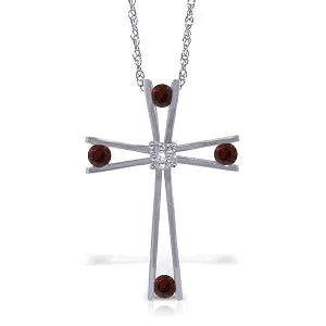 14K Solid White Gold Cross Necklace w/ Natural Diamond & Garnets