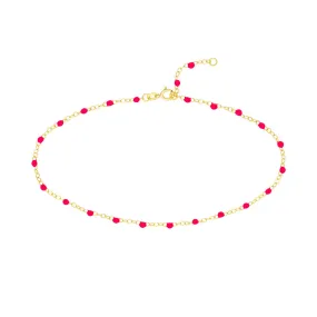 14K Yellow Gold Neon Pink Enamel Bead Piatto Chain Anklet