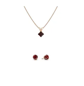 18K Rose Gold 1ct Garnet Square 18 Inch Necklace and Round Earrings Set Plated