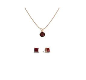 18K Rose Gold 3ct Garnet Round 18 Inch Necklace and Square Earrings Set Plated