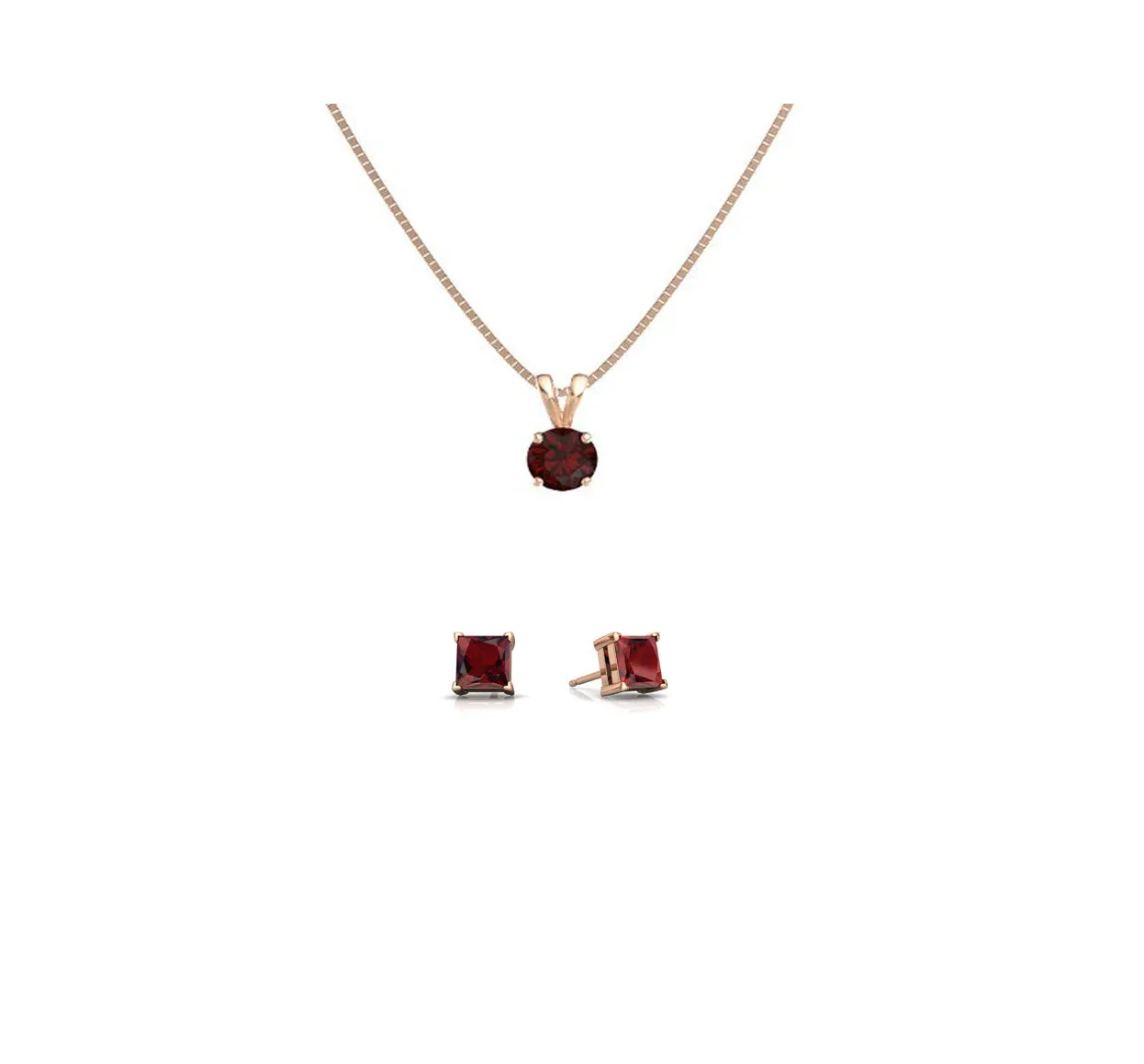 18K Rose Gold 3ct Garnet Round 18 Inch Necklace and Square Earrings Set Plated