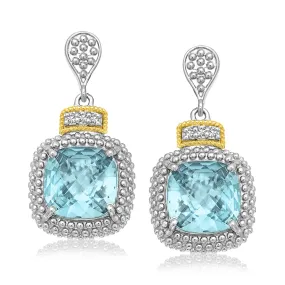 18k Yellow Gold & 925 Silver Sky Blue Topaz & Diamond Earrings .05cttw