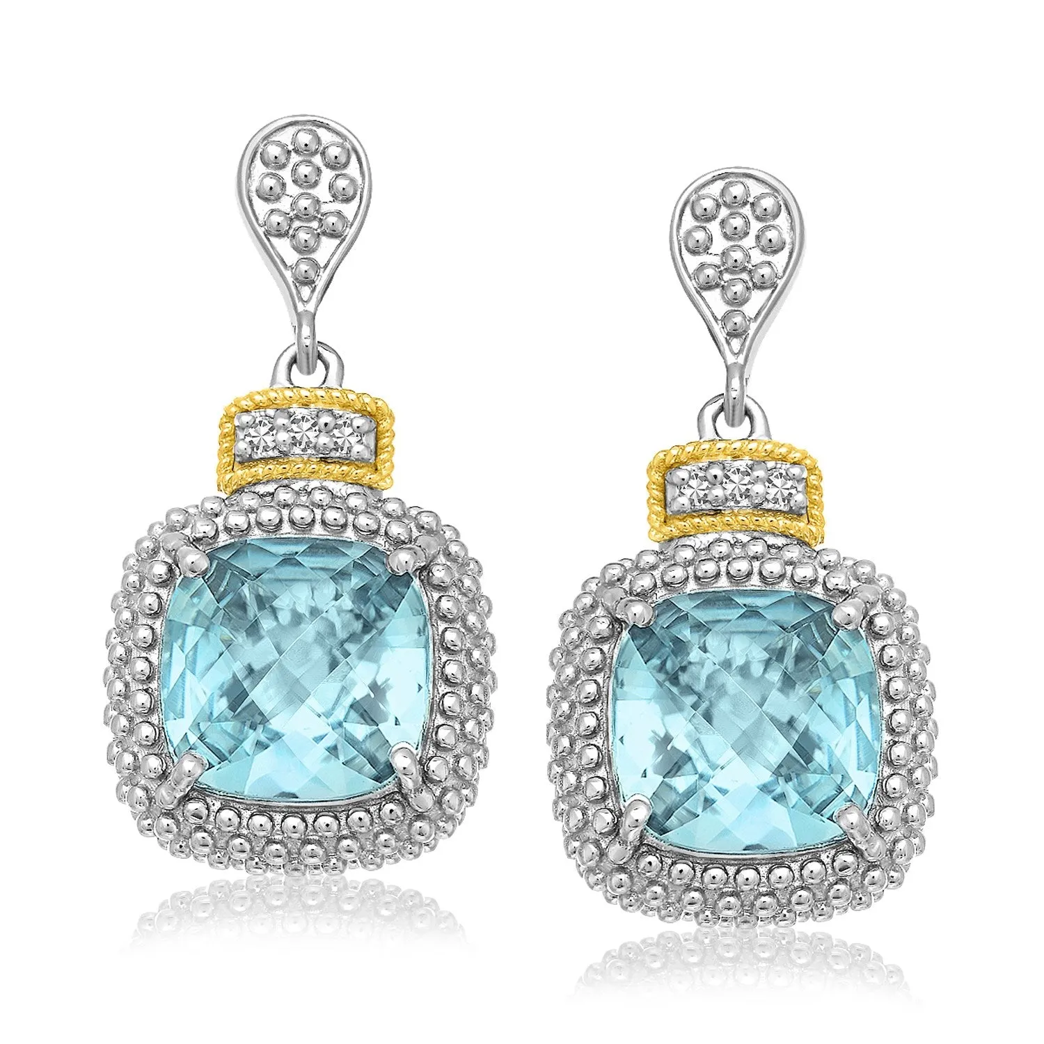 18k Yellow Gold & 925 Silver Sky Blue Topaz & Diamond Earrings .05cttw