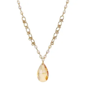 1928 Jewelry Faux Pearl Link Chain Briolette Crystal Pendant Necklace 28"