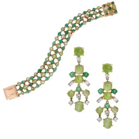 1940s Cats Eye Chrsoberyl Diamond Bracelet-Earring Set