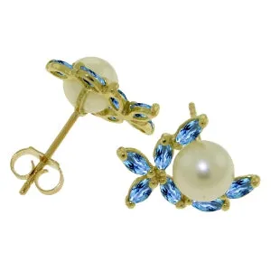 3.25 Carat 14K Solid Yellow Gold Stud Earrings Blue Topaz Pearl