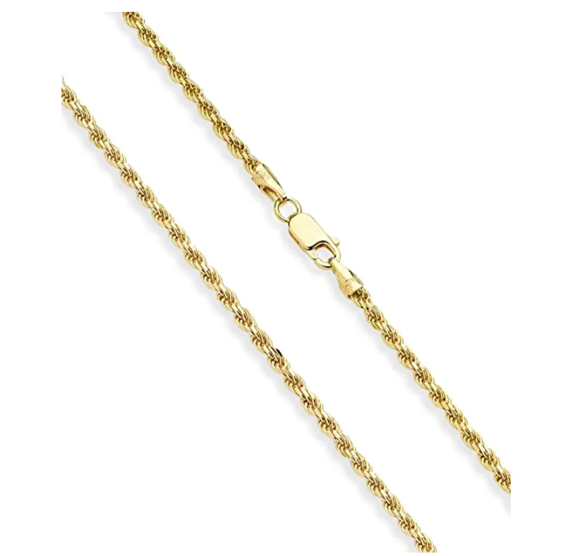 3mm Rope Necklace Men Twist Chain Braided Hip Hop Jewelry 925 Sterling Silver Gold 16 - 30in.