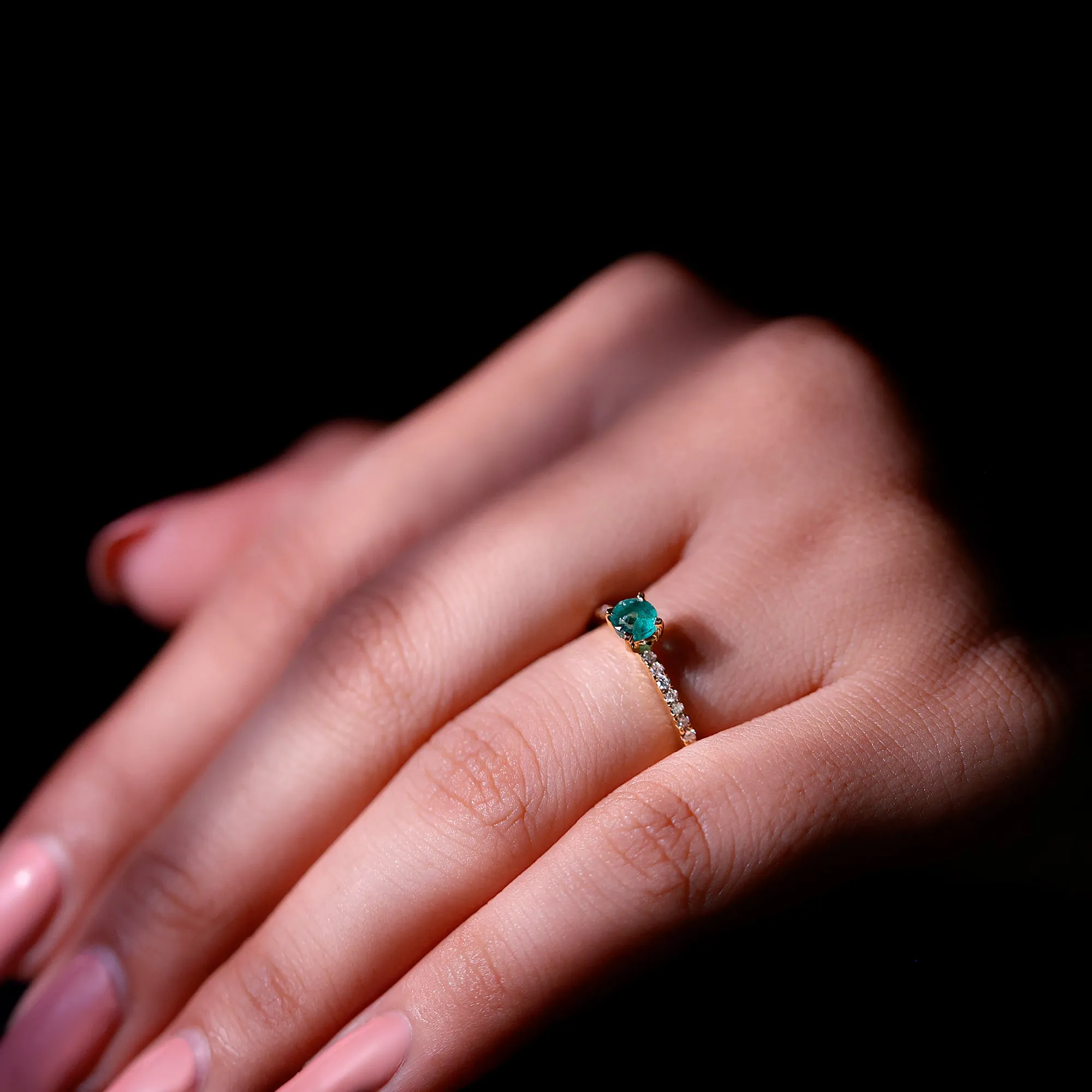 4 MM Emerald Dainty Solitaire Ring with French Pave Set Diamond