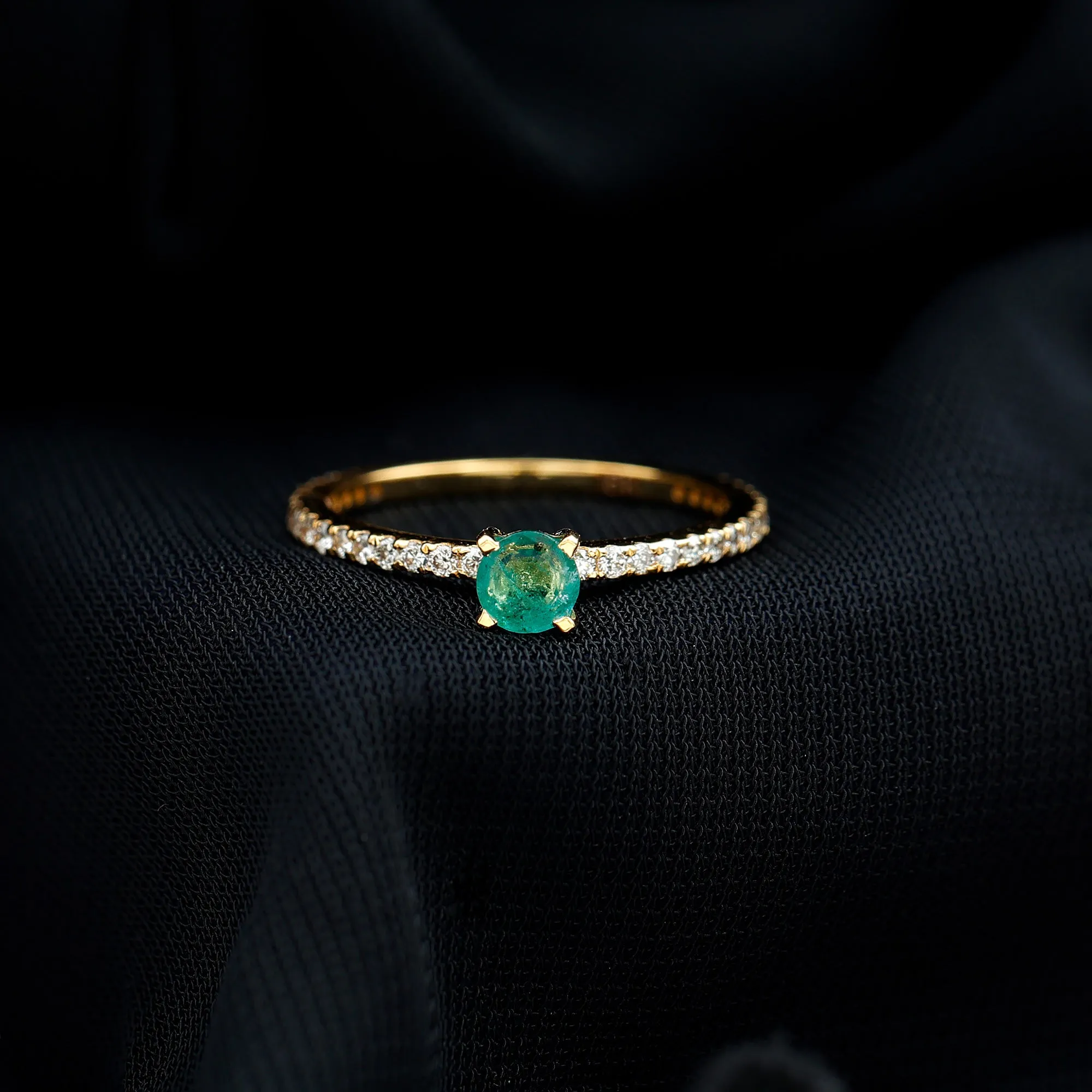 4 MM Emerald Dainty Solitaire Ring with French Pave Set Diamond
