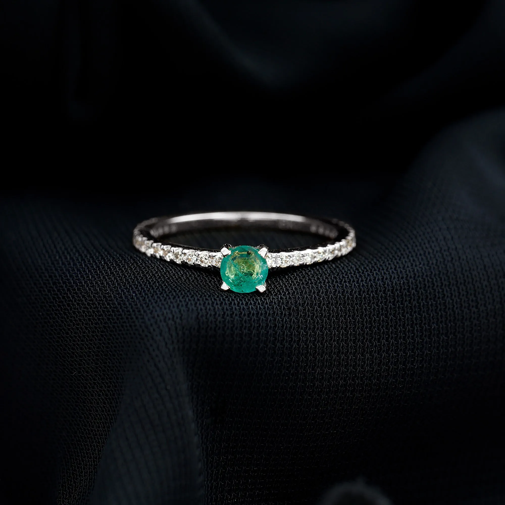 4 MM Emerald Dainty Solitaire Ring with French Pave Set Diamond