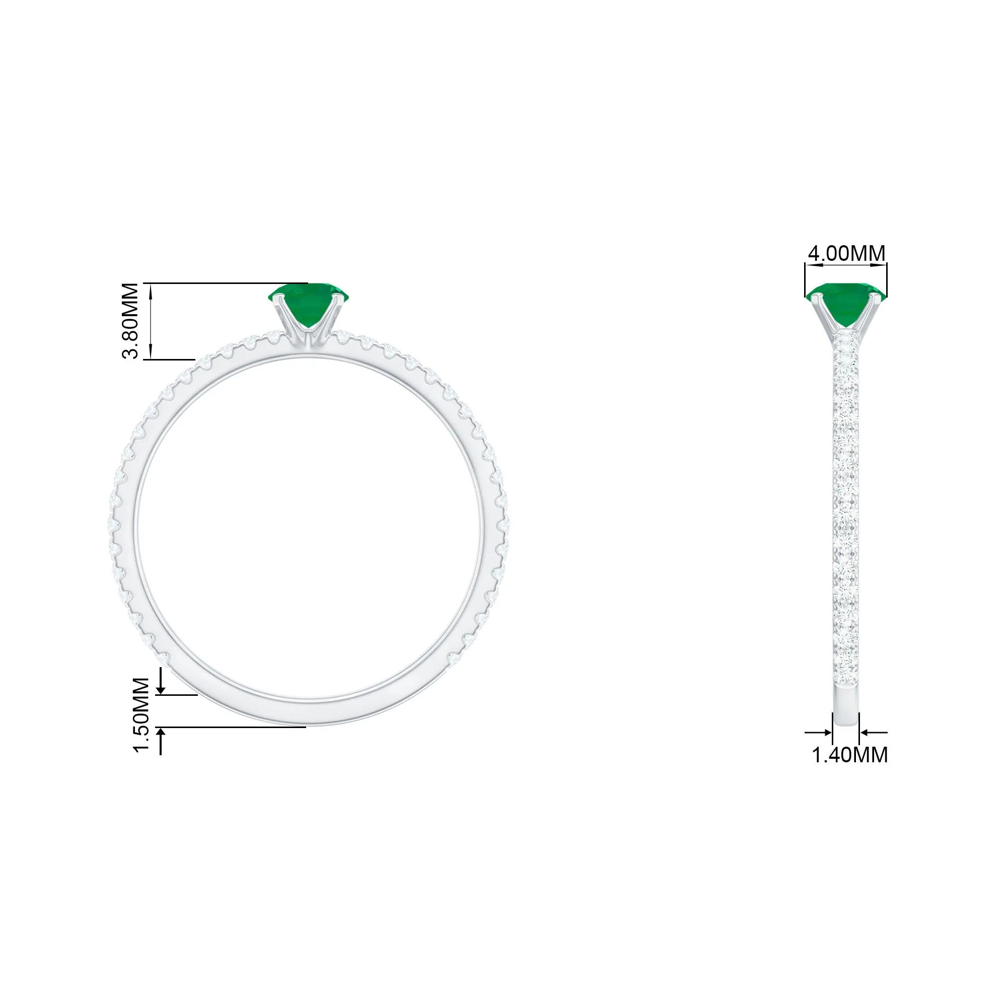 4 MM Emerald Dainty Solitaire Ring with French Pave Set Diamond