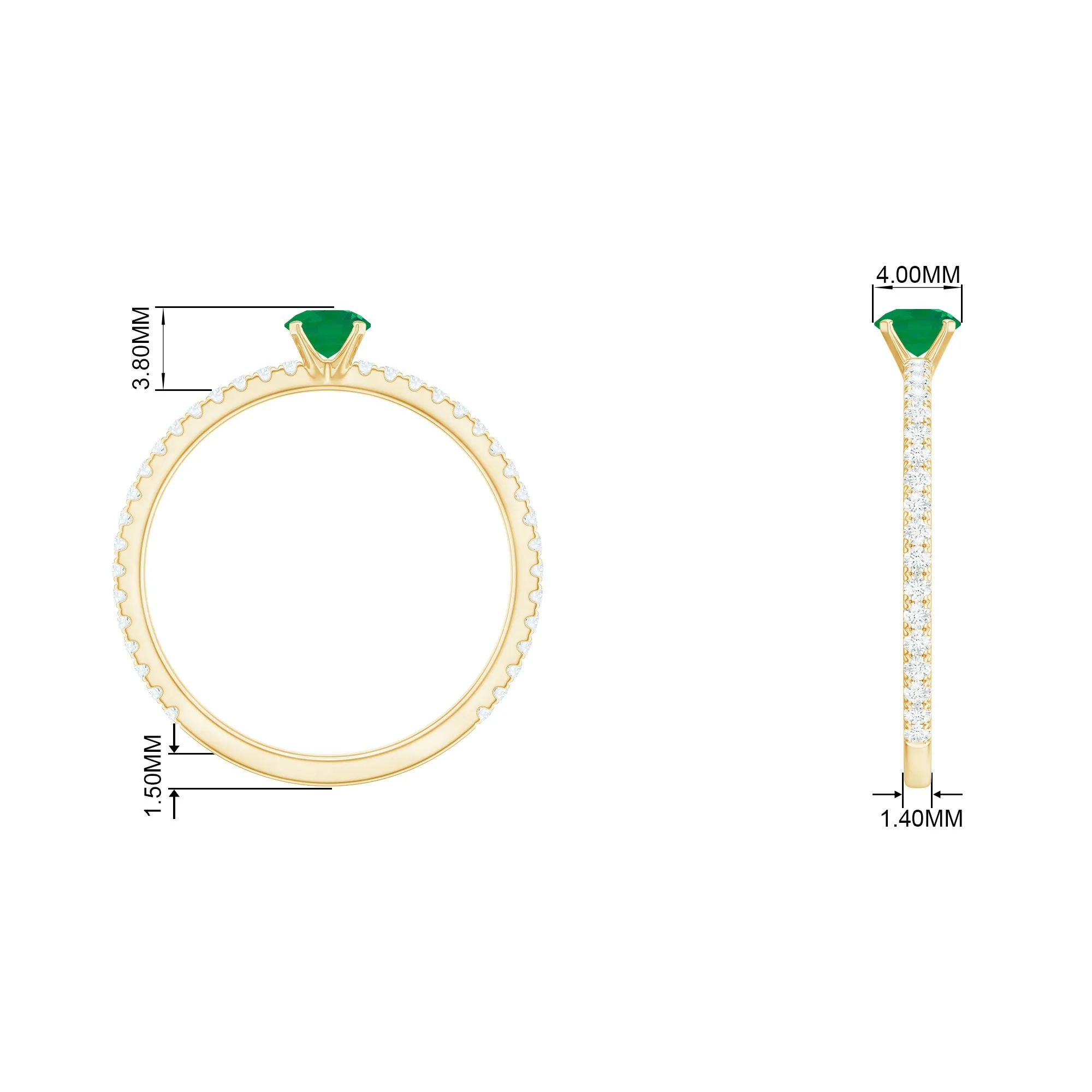 4 MM Emerald Dainty Solitaire Ring with French Pave Set Diamond