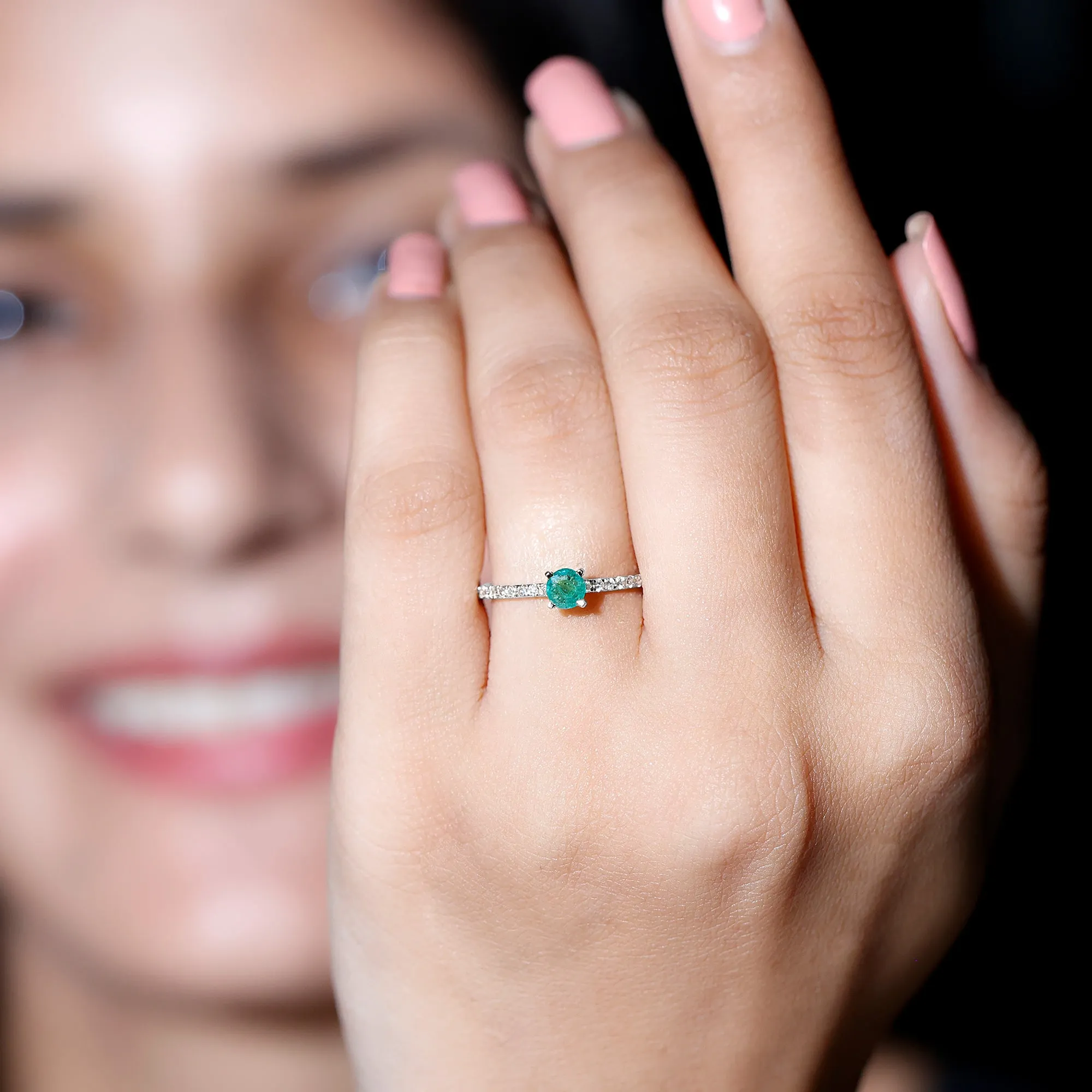 4 MM Emerald Dainty Solitaire Ring with French Pave Set Diamond