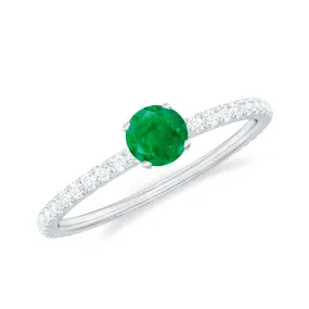 4 MM Emerald Dainty Solitaire Ring with French Pave Set Diamond