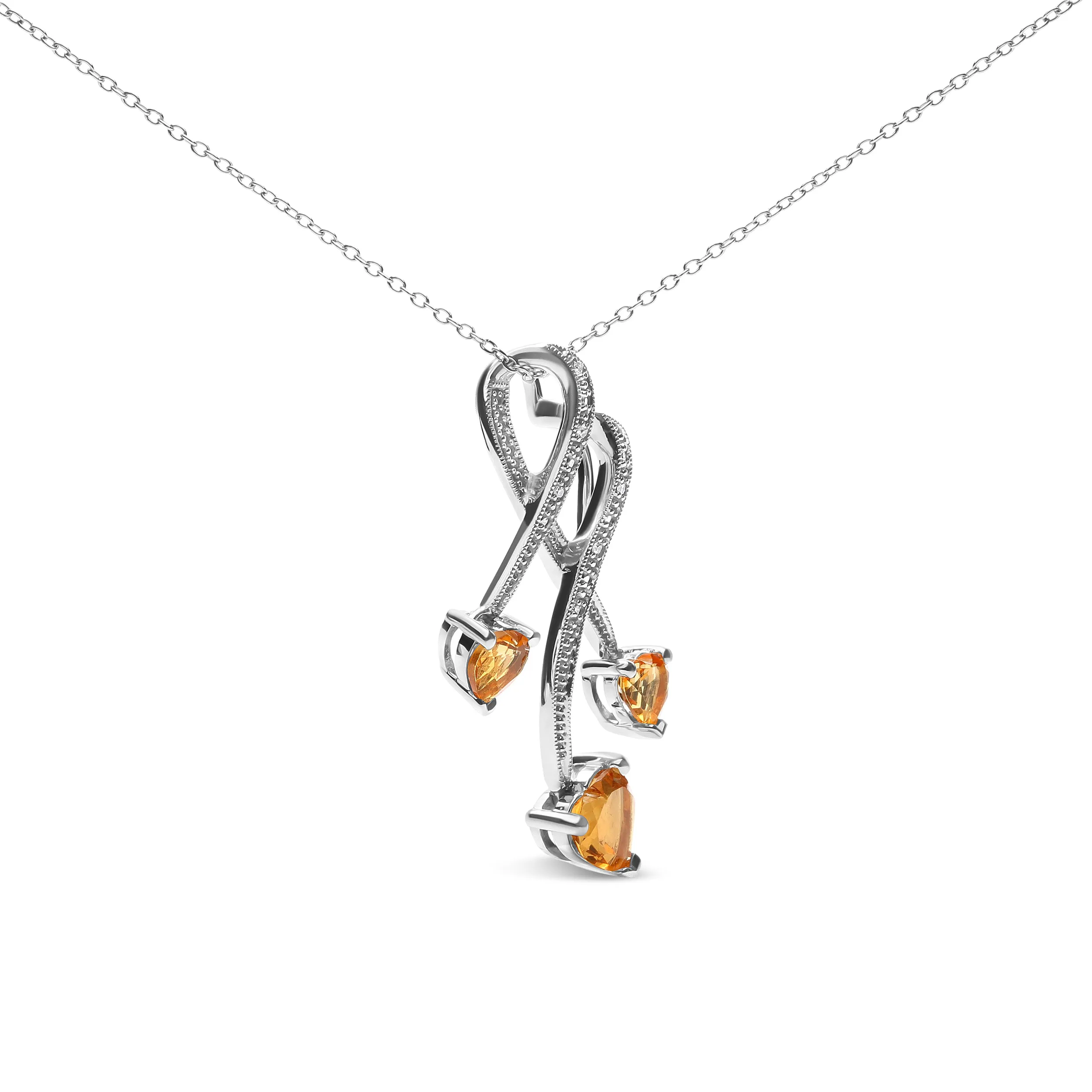 .925 Sterling Silver 3-Stone Heart Shape Citrine and Diamond Accent Spiral Drop 18" Pendant Necklace