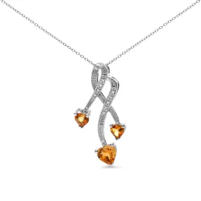 .925 Sterling Silver 3-Stone Heart Shape Citrine and Diamond Accent Spiral Drop 18" Pendant Necklace