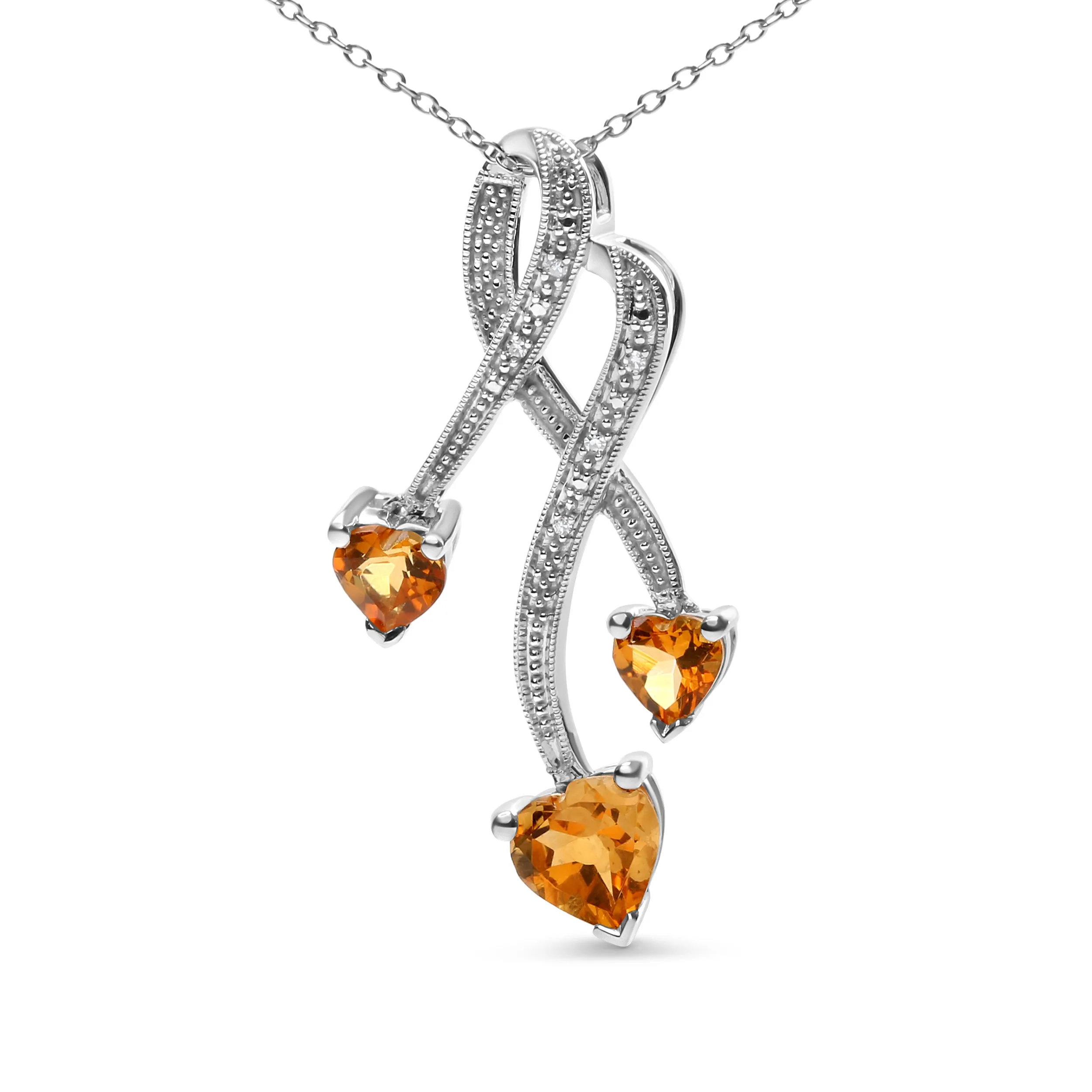 .925 Sterling Silver 3-Stone Heart Shape Citrine and Diamond Accent Spiral Drop 18" Pendant Necklace