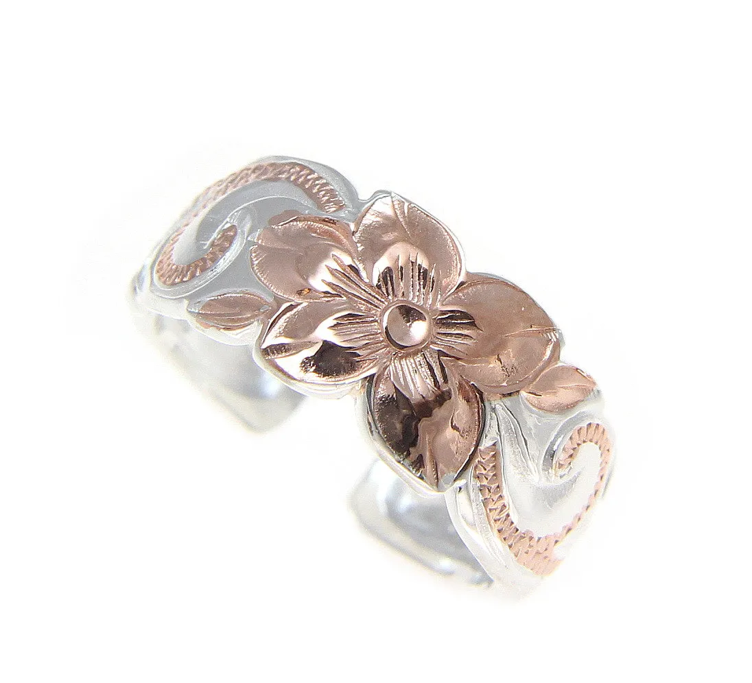 925 STERLING SILVER HAWAIIAN PLUMERIA SCROLL PINK ROSE GOLD 2T TOE RING 8MM