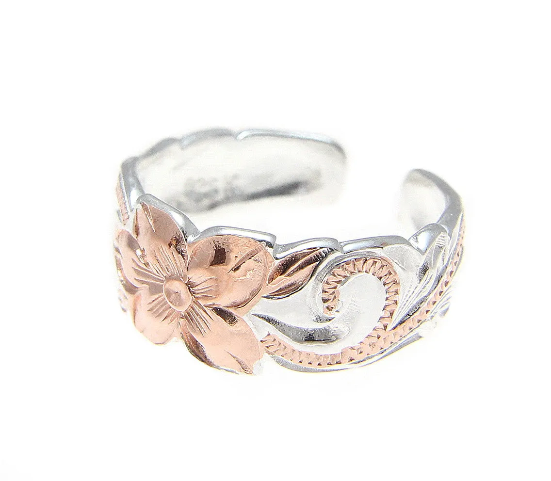 925 STERLING SILVER HAWAIIAN PLUMERIA SCROLL PINK ROSE GOLD 2T TOE RING 8MM