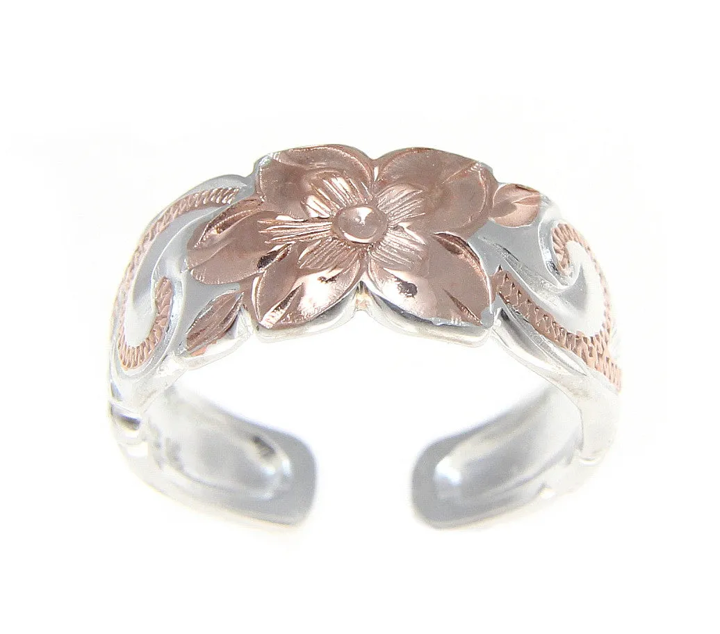 925 STERLING SILVER HAWAIIAN PLUMERIA SCROLL PINK ROSE GOLD 2T TOE RING 8MM