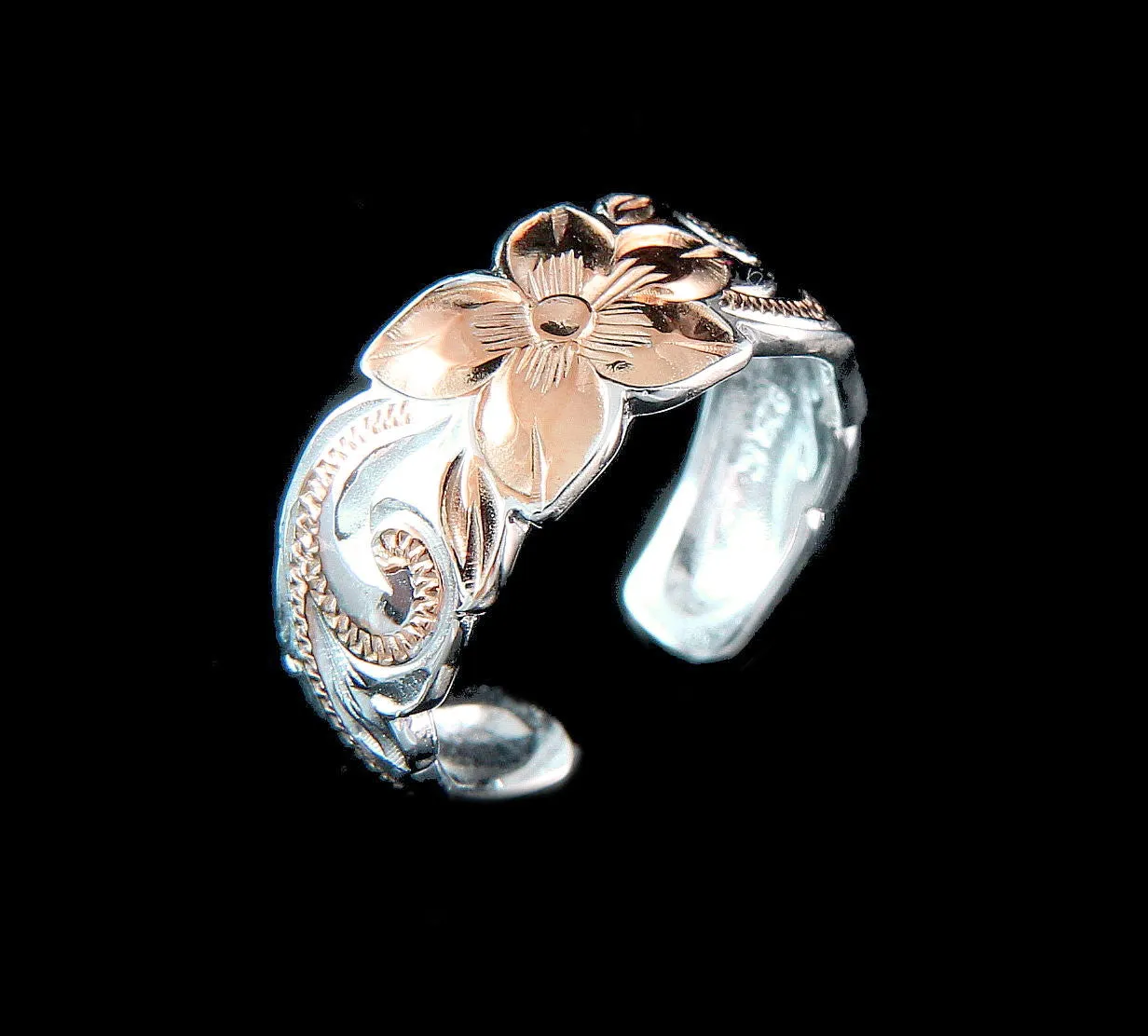 925 STERLING SILVER HAWAIIAN PLUMERIA SCROLL PINK ROSE GOLD 2T TOE RING 8MM