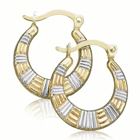 9ct Two Tone Gold Silver Filled 14mm Patterned Hoop Earrings