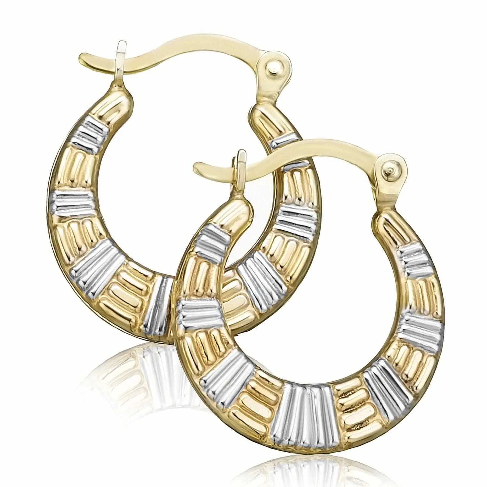 9ct Two Tone Gold Silver Filled 14mm Patterned Hoop Earrings