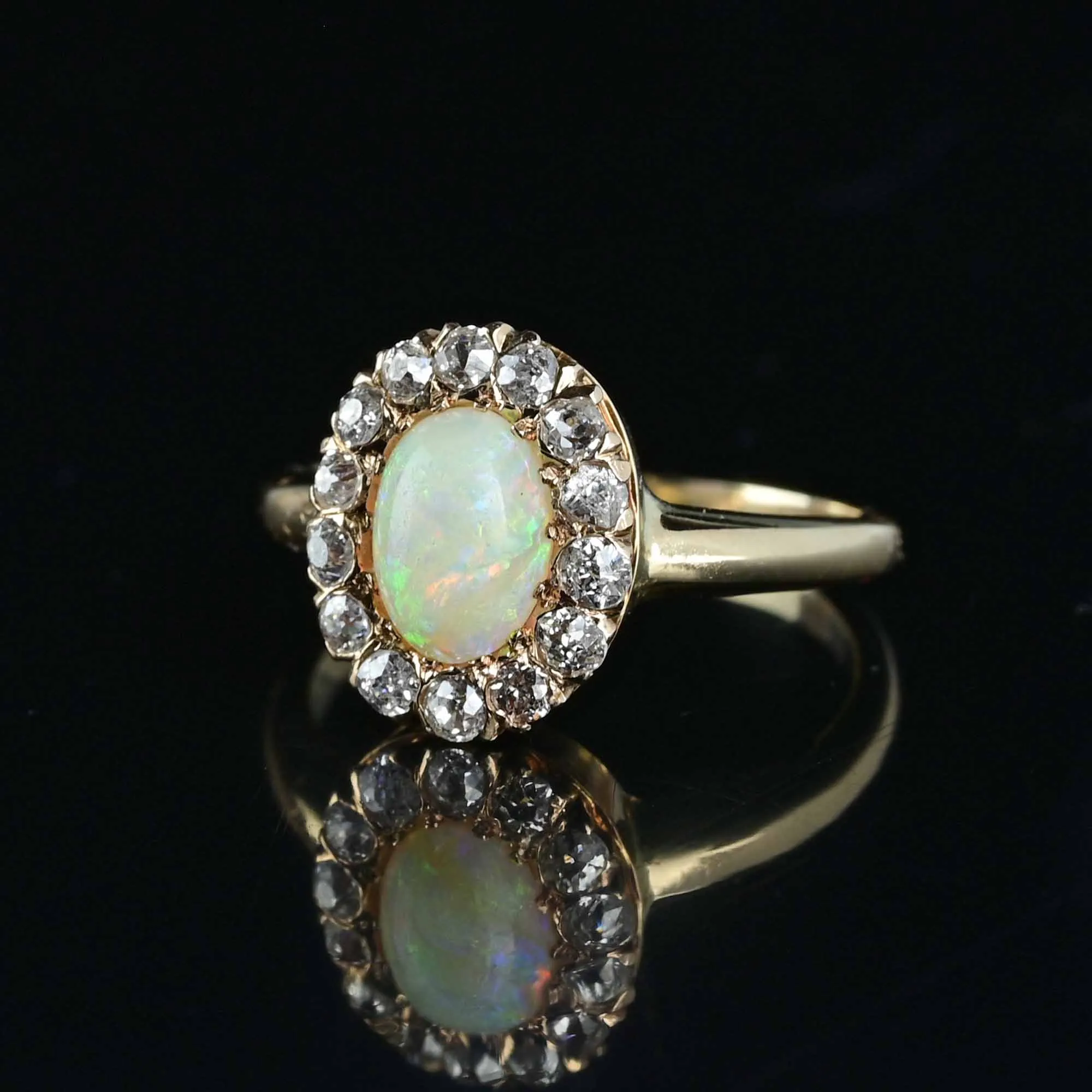 Antique Mine Cut Diamond Halo Opal Ring