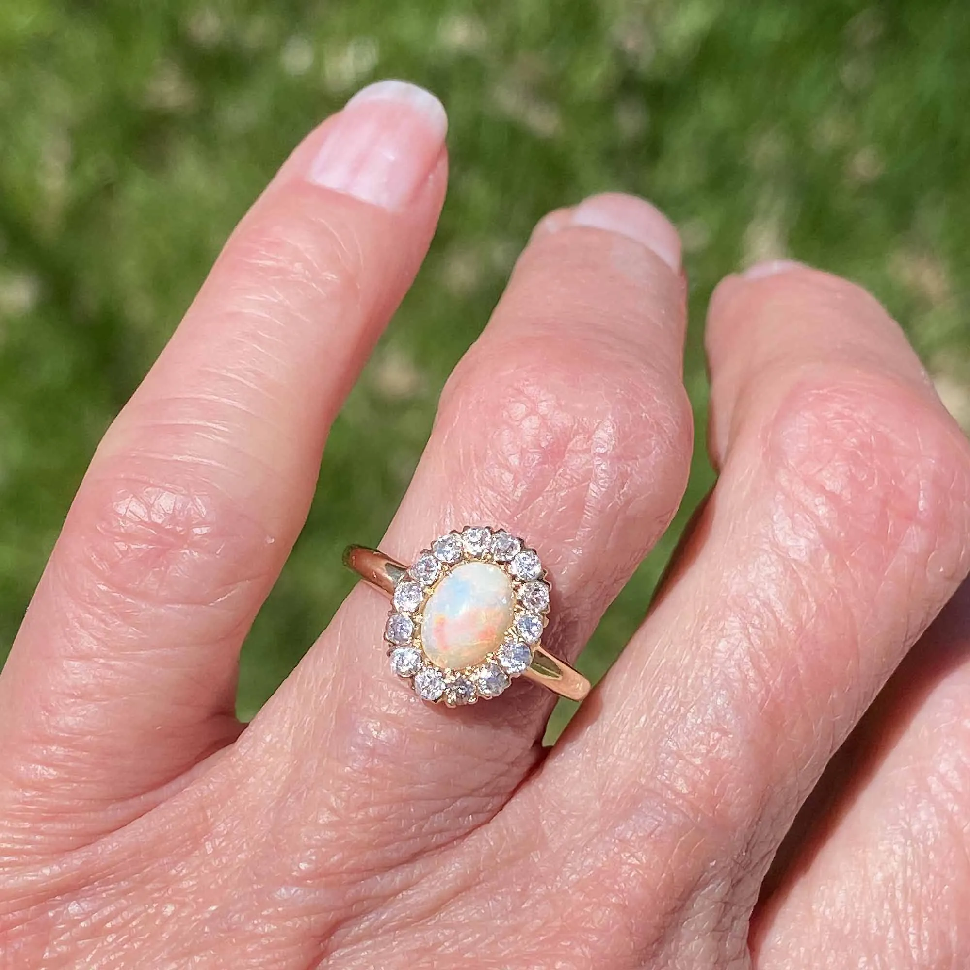 Antique Mine Cut Diamond Halo Opal Ring