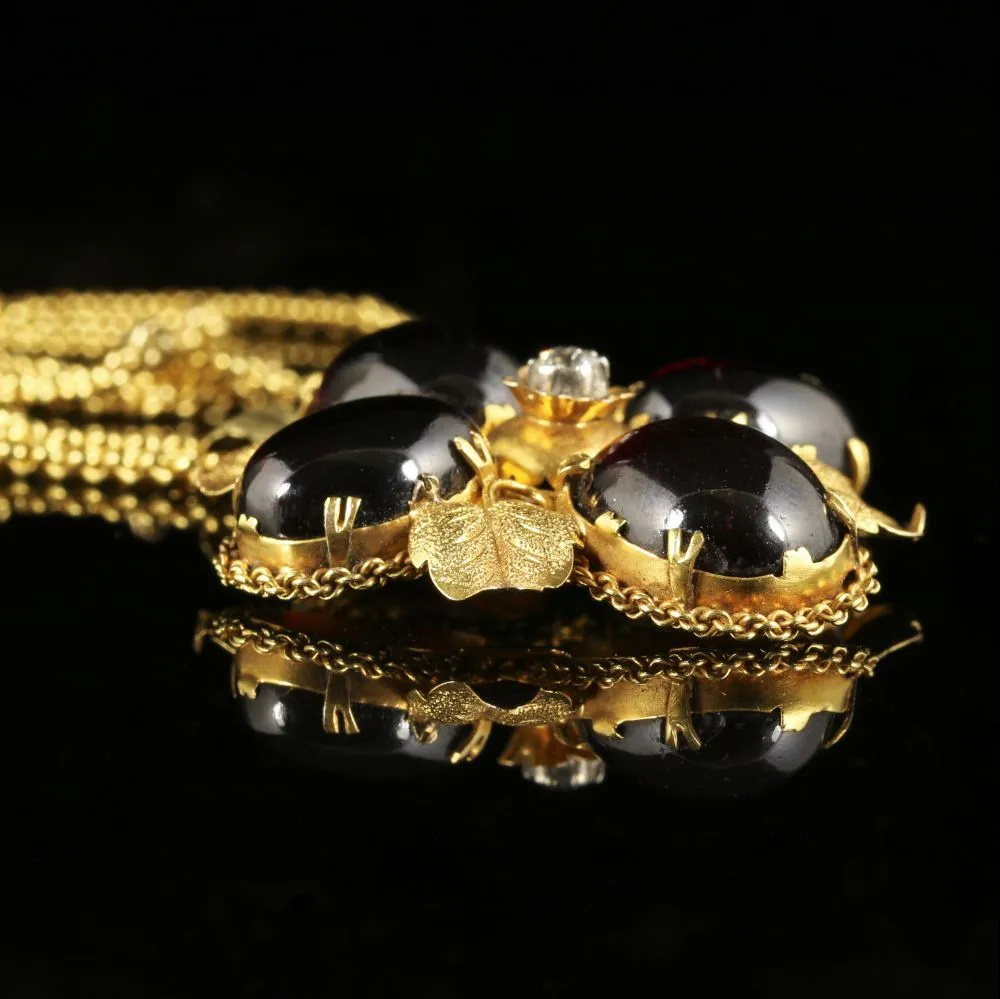 Antique Victorian Garnet Diamond Pendant 18Ct Gold Necklace Circa 1900
