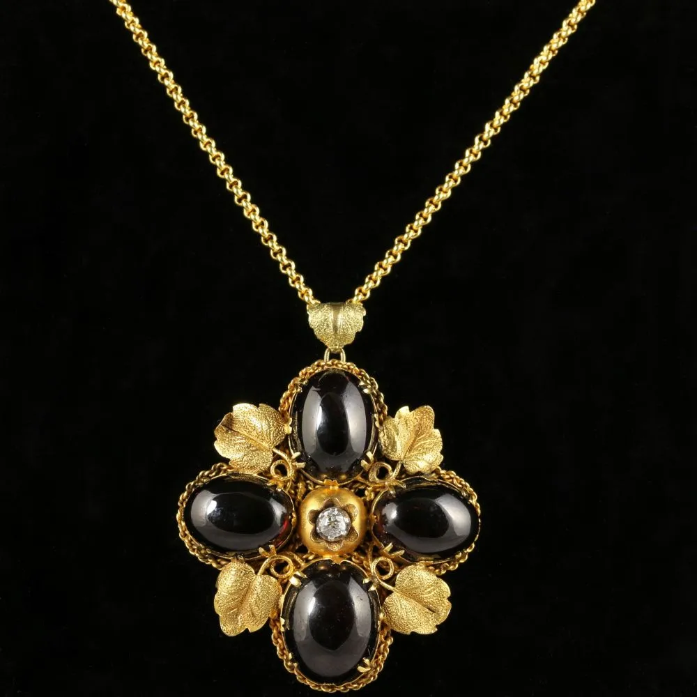 Antique Victorian Garnet Diamond Pendant 18Ct Gold Necklace Circa 1900