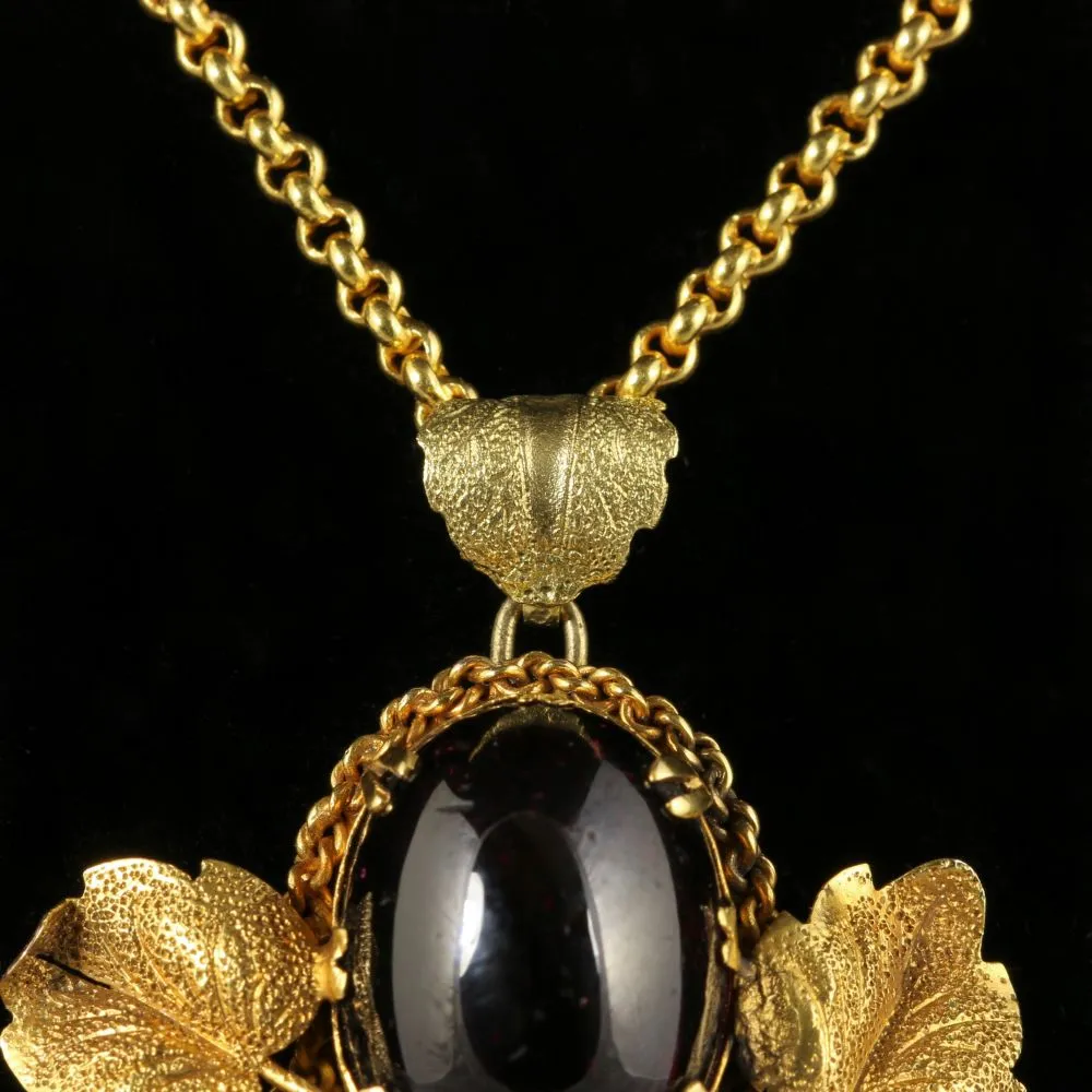 Antique Victorian Garnet Diamond Pendant 18Ct Gold Necklace Circa 1900