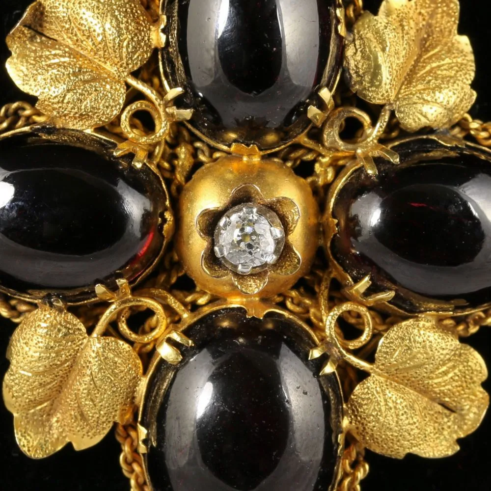 Antique Victorian Garnet Diamond Pendant 18Ct Gold Necklace Circa 1900