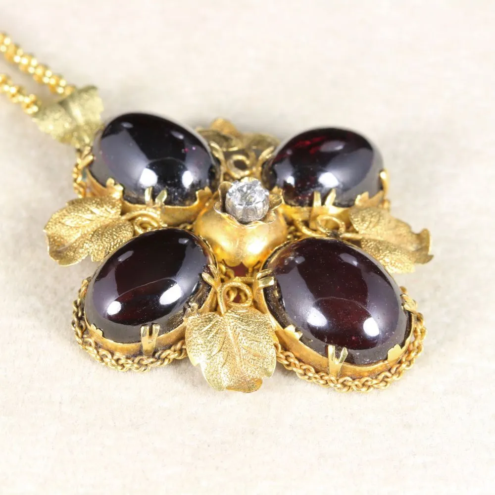 Antique Victorian Garnet Diamond Pendant 18Ct Gold Necklace Circa 1900