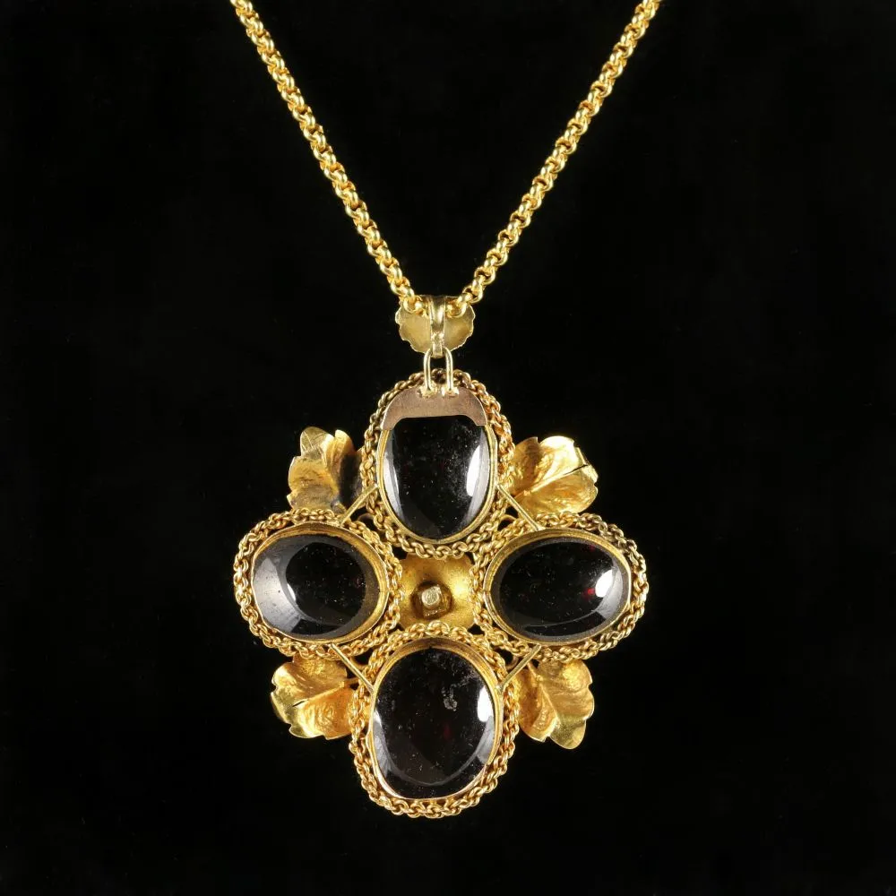 Antique Victorian Garnet Diamond Pendant 18Ct Gold Necklace Circa 1900