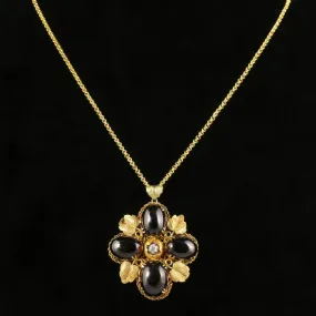 Antique Victorian Garnet Diamond Pendant 18Ct Gold Necklace Circa 1900