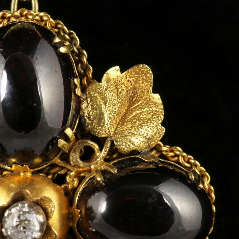 Antique Victorian Garnet Diamond Pendant 18Ct Gold Necklace Circa 1900