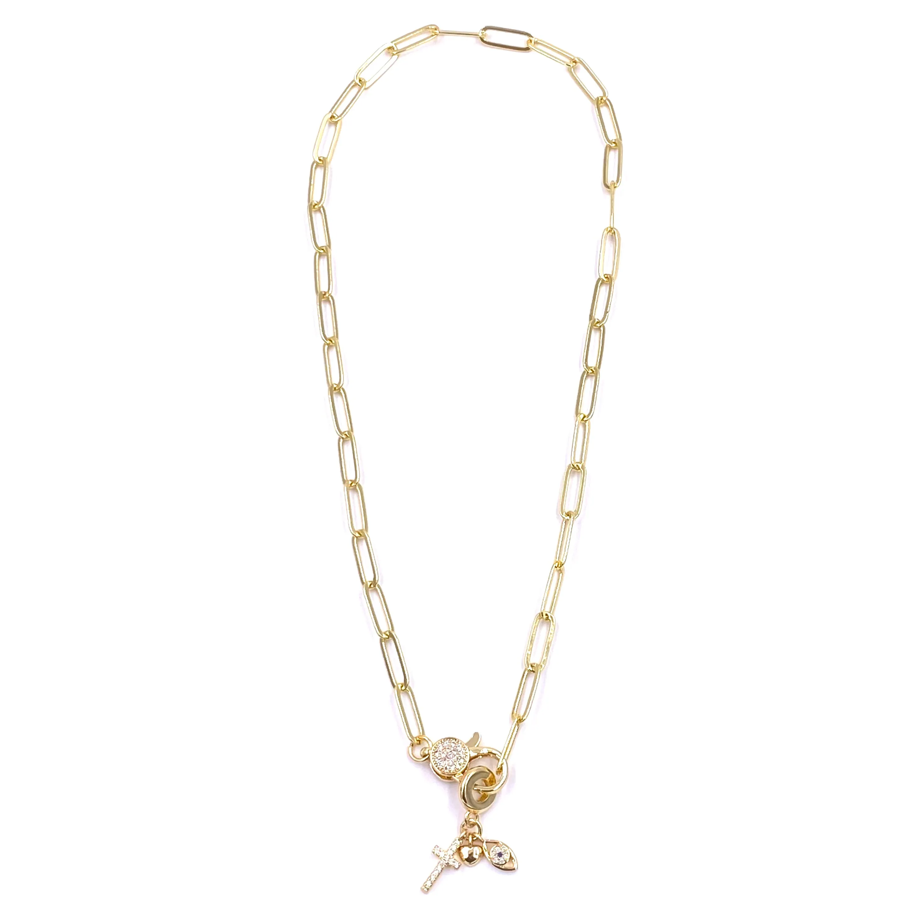 Ashley Gold Stainless Steel Gold Plated CZ Lobster Clasp Detachable 3 Charm Necklace