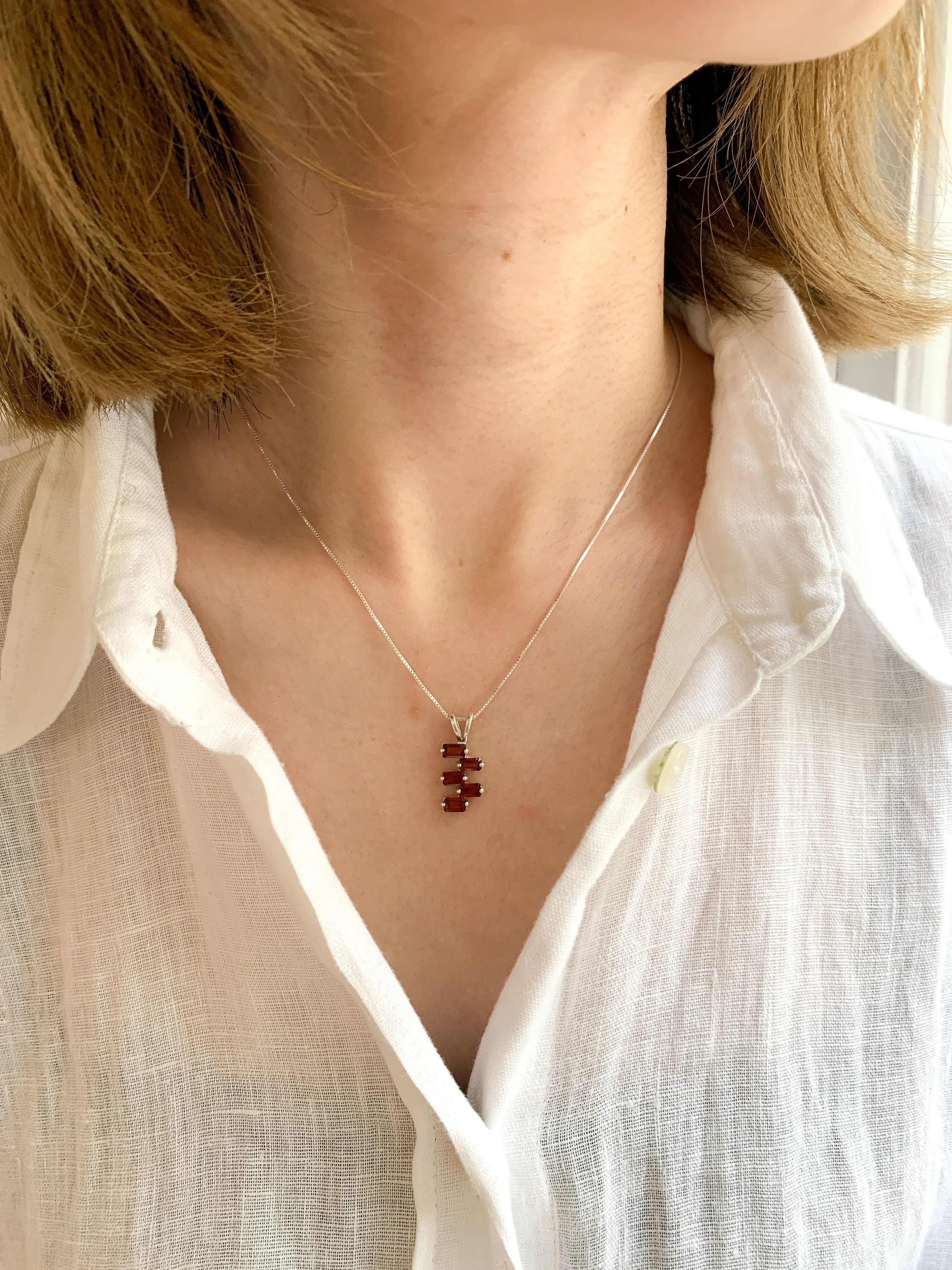 Baguette Garnet Necklace - Natural Red Garnet Necklace - Red Vertical Necklace