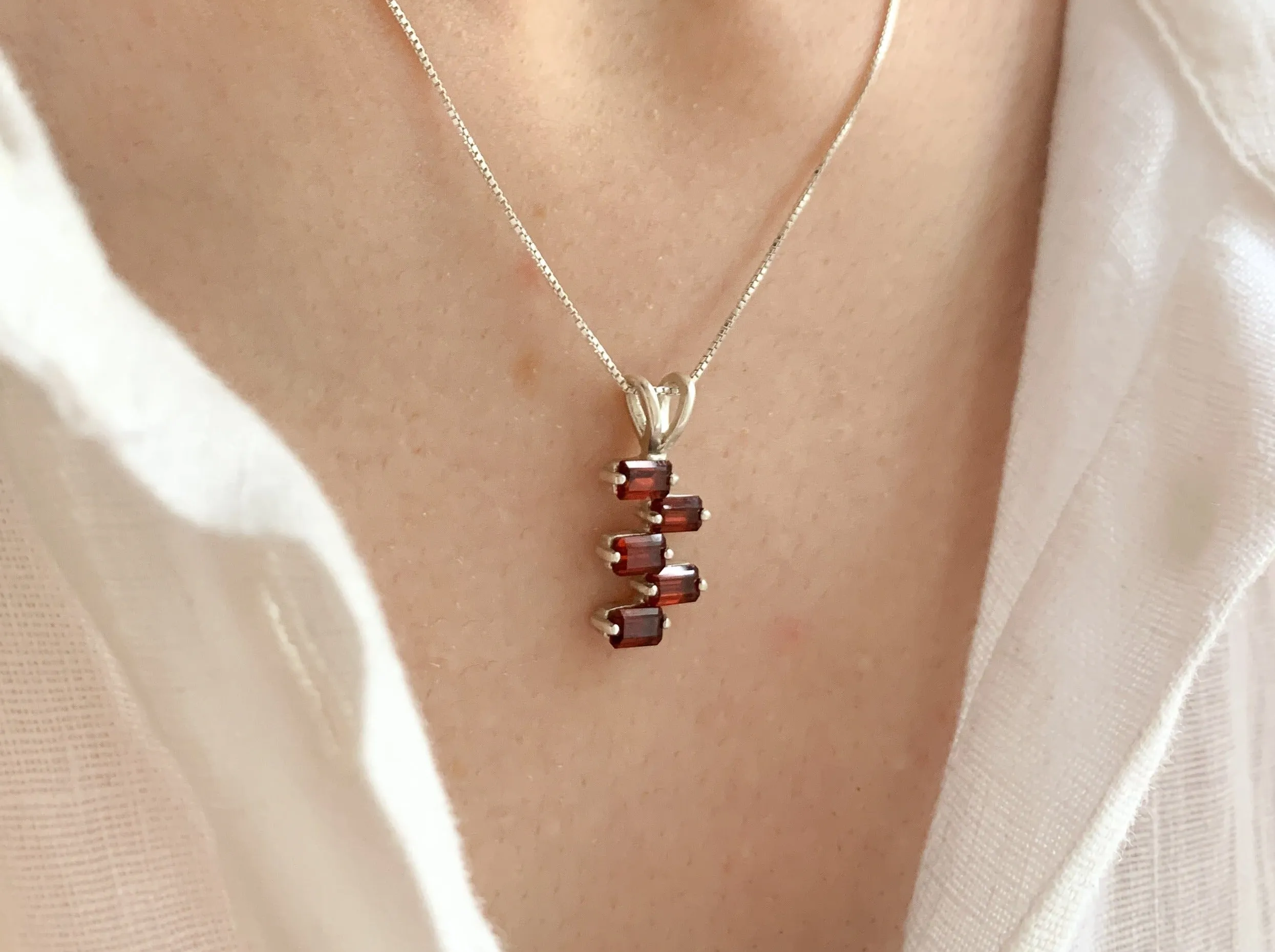 Baguette Garnet Necklace - Natural Red Garnet Necklace - Red Vertical Necklace