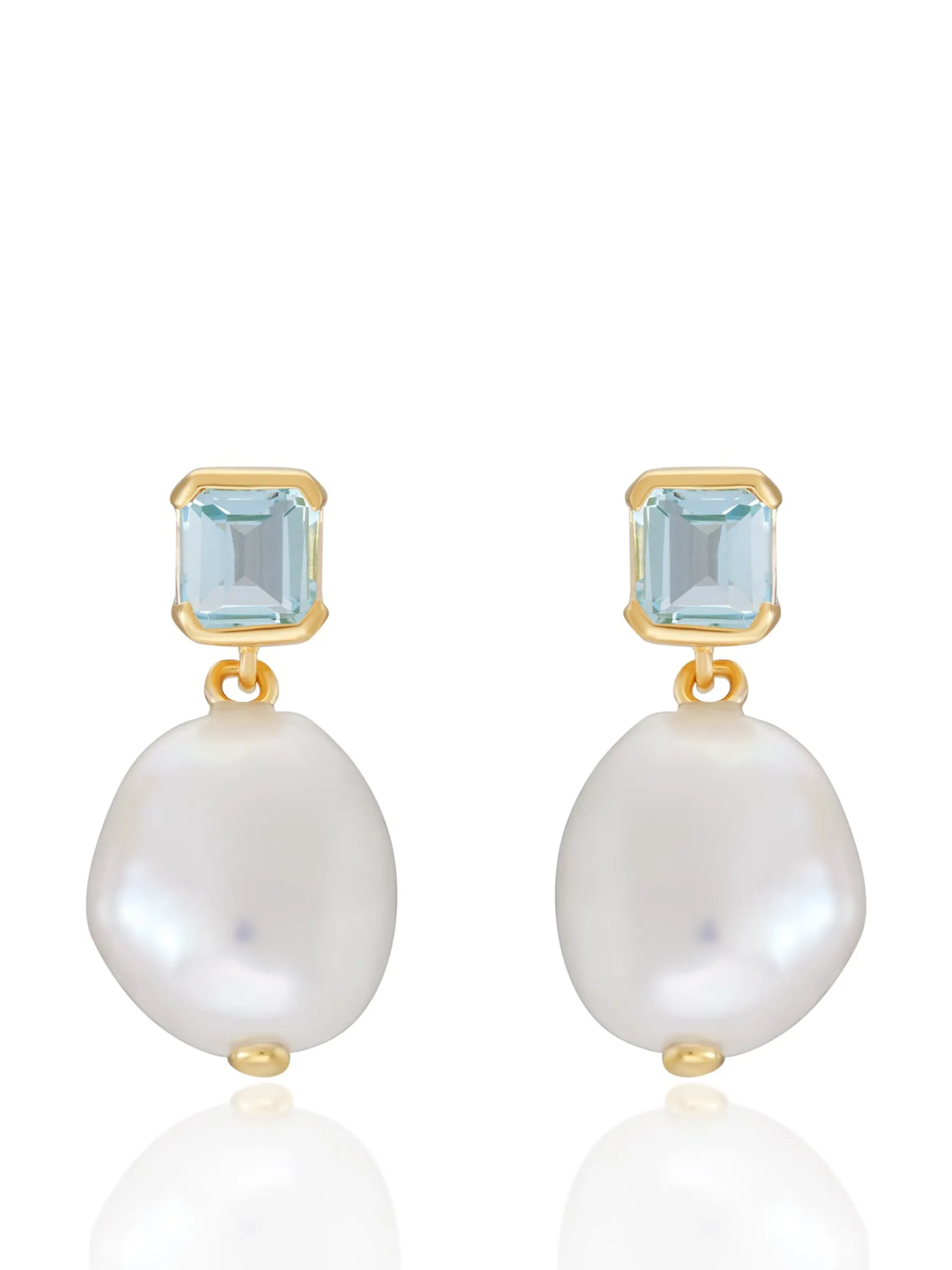 Bella baroque pearl drop earrings in gold and blue topaz