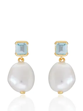 Bella baroque pearl drop earrings in gold and blue topaz
