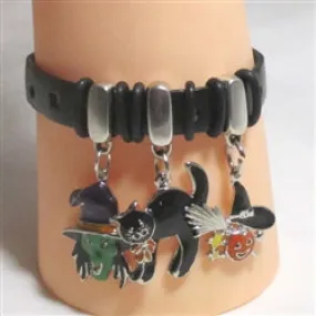 Black Leather Bracelet with Halloween Charms
